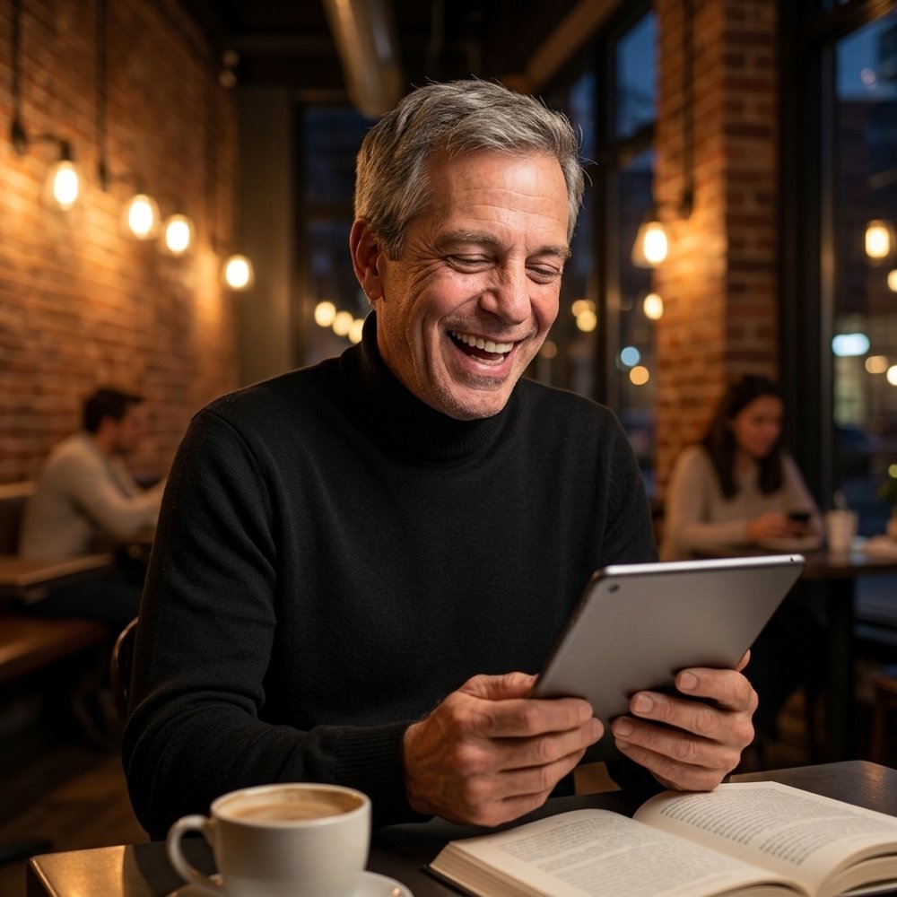 Man smiling while reading a tablet in a café