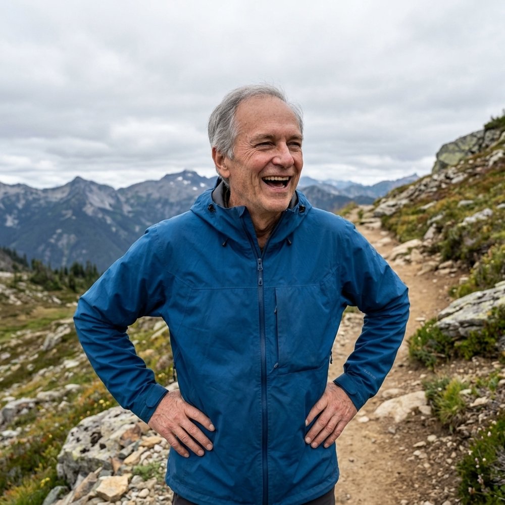 Smiling man hiking on a mountain trail